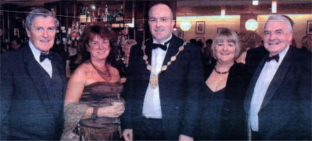 Lisnagarvey Operatic Society's 50th Anniversary dinner. (I-r) Roy Mcllwrath - Chair, Jennifer Anderson - Treasurer/Vice Chair, Lisburn Mayor CIIr, James Tinsley, Doreen Lyness and Sid McDowell. US4307-359DW