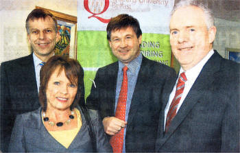 Basil McCrea, MLA, and Imelda Jordan, Principal of St Colm's High School, with Queen's Vice-Chancellor Professor Peter Gregson and Pro-Vice-Chancellor Professor Gerry McCormac