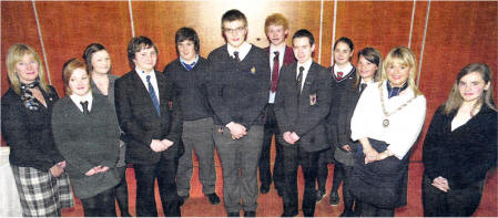 Ellen Hillen (organiser), with the Rotary Youth Leadership Development Competition winners Conal O'Hare, Peadareoin 011amhna, and Jamie Pow from Wallace HS with Sandra McCabe (President of the Rotary Club of Lisburn). Also pictured are the 10 regional finalists. US4808-414PM-Rotary Pic by Paul Murphy