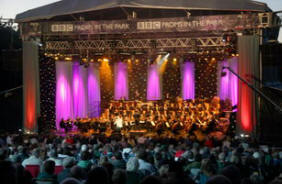 Sir James Galway on stage with the Ulster Orchestra at this year’s BBC Proms in the Park in the grounds of Hillsborough Castle.