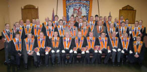 Lisburn Mechanics LOL 557. Included in the front row are L to R: Bro Gary Beck (Worshipful Master), Bro Clarke Hanna (Deputy Master), Bro Yul Meredith (Secretary), Bro Harry Allen (Chaplain) and Bro William Mackin (Lecturer).