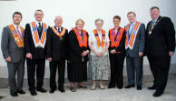 L to R: Lagan Valley MP Jeffrey Donaldson, Bro Jonathan Beattie, Bro Fred Willoughby, Sisters - Margaret Tolerton (Worshipful District Master), Marie Dean (Deputy District Master) and Annie Briggs (County Grand Chaplain), Councillor Jonathan Craig MLA and Alderman Paul Porter (Deputy Mayor).