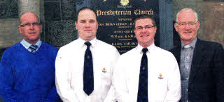 BB Officials Jonathan Gracey (Regional Director NI) and Paul McCarroll (Senior Executive Officer - Belfast Battalion) at the 'Service of Thanksgiving' with guest speaker the Rev Leslie Addis (left) and Railway Street BB Chaplain, the Rev Brian Gibson (right).