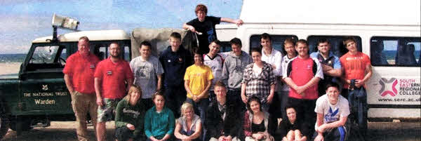 SERC students who took part in the beach clean-up in Portstewart with staff members from the National Trust who supplied tools and equipment to help with the clean-up.