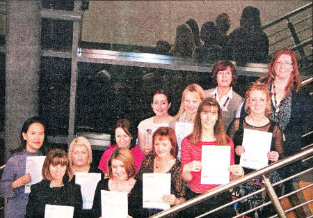 L-R Julia Lyttle, Brenda McCann, Leanne Mills, Fiona Murray, Joanne Wilton, Claire Elliott, Janet McCaughey, Helen Mawhinney, Rachel Gray, Jennifer Toole (SERC Lecturer), Bronagh Cleland and Marie McClelland (SERC Lecturer & Course Co-ordinator).